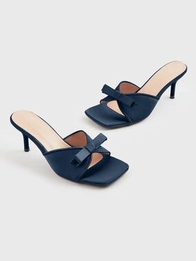 Azazie Dark Navy Satin Bow Kitten Heels